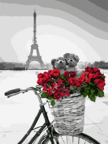 Картина по номерам EX5747 "Красные цветы в корзинке на фоне Эйфелевой башни"
