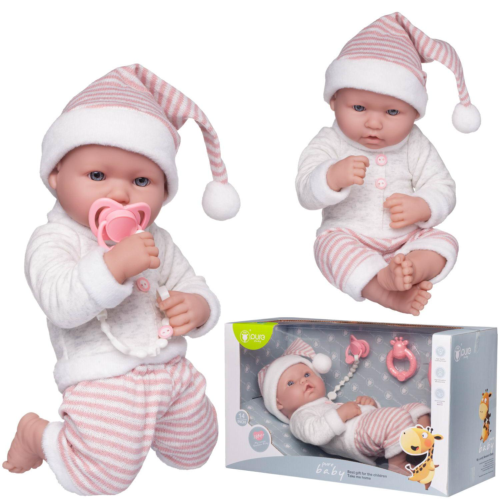 Пупс Junfa Pure Baby в вязаных бело-розовых полосатых штанишках и шапочке-колпаке, серой толстовке, с аксессуарами, 35см - 0