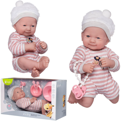 Пупс Junfa Pure Baby в бело-розовом в полоску комбинезоне и белой с серой полоской шапочке, с аксессуарами, 35см - 0