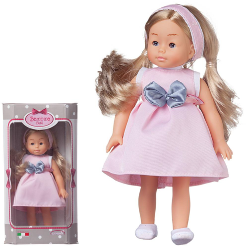 Кукла DIMIAN Bambina Bebe в розовом платье с серым бантом, 20 см - 0