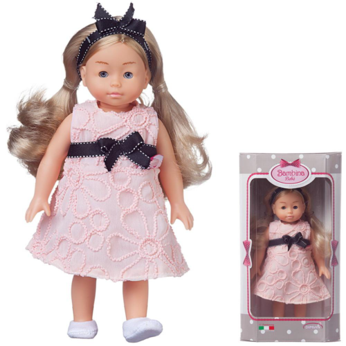 Кукла DIMIAN Bambina Bebe в розовом платье с синим бантом, 20 см - 0
