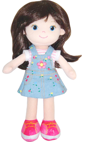 Кукла, брюнетка в синем платье мягконабивная, 32 см