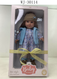 Кукла Junfa в теплой одежде: в бело-голубом платье, голубом жилете, темном шапке 45 см - 0
