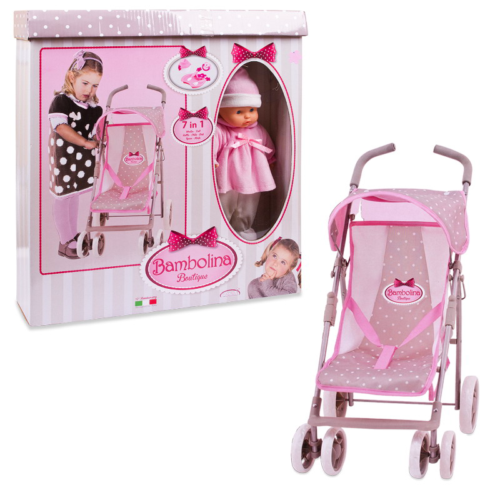 Коляска прогулочная для куклы с поворотными колесами в комплекте с куклой (частично мягконабивная) и набором аксессуаров - 0