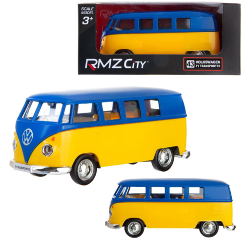 Машина металлическая RMZ City 1:32 Автобус инерционный Volkswagen Type 2 (T1) Transporter, цвет матовый синий с желтым, 16,5*7,5*7 см - 0