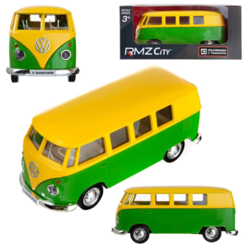 Машина металлическая RMZ City 1:32 Автобус инерционный Volkswagen Type 2 (T1) Transporter, цвет желтыйй с зеленым, 16,5*7,5*7 см