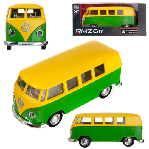 Машина металлическая RMZ City 1:32 Автобус инерционный Volkswagen Type 2 (T1) Transporter, цвет желтыйй с зеленым, 16,5*7,5*7 см - 0