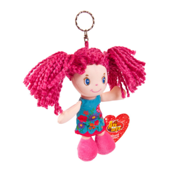 Кукла, с розовыми волосами в голубом платье, на брелке, мягконабивная, 15 см