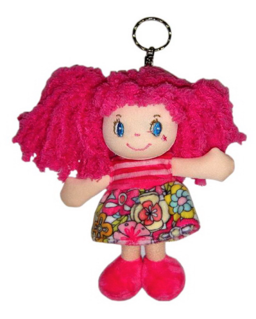 Кукла, с розовыми волосами в розовом платье, на брелке, мягконабивная, 15 см - 0