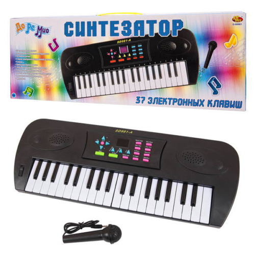 Синтезатор черный 37 клавиш, с микрофоном и дисплеем, эл/мех, работатет от батареек, 53x6x19,2 см - 0